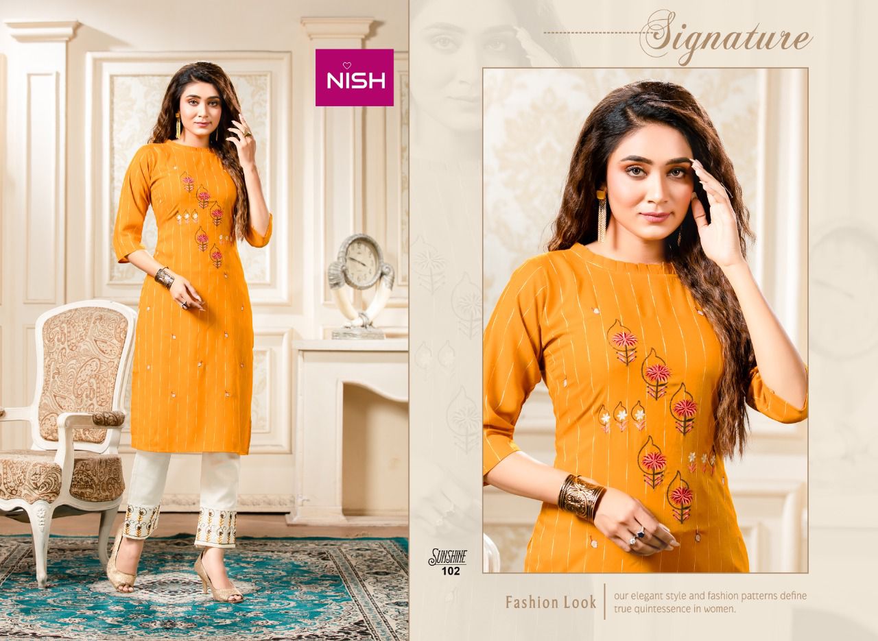 Nish Sunshine Latest Fancy Ethnic Wear Rayon Kurti With Bottom Collection